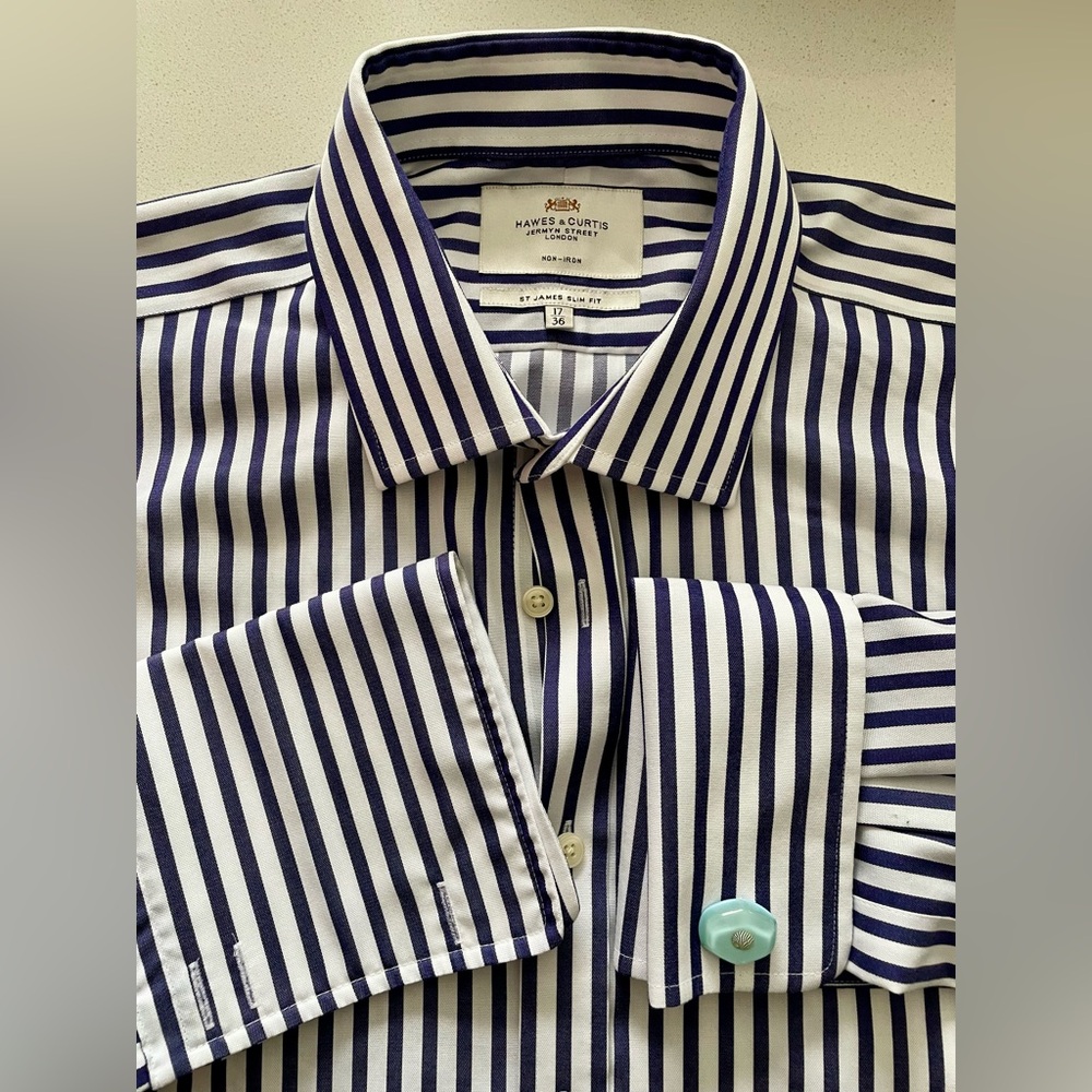 Hawes & Curtis - all cotton striped dress shirt with french cuffs Size 17” neck